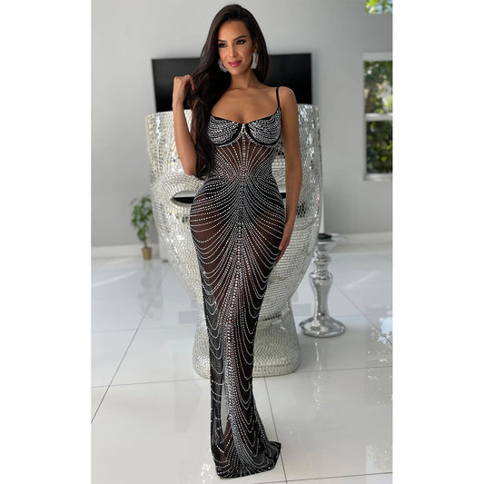 Women Wear Solid Color Mesh Drilling Sling Maxi Dress