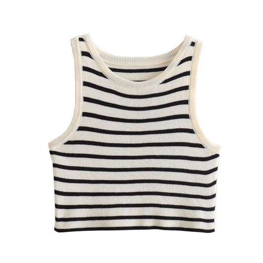 Women Summer Striped Contrast Color U Neck Knitted Vest Design Sleeveless Slim Pullover Top